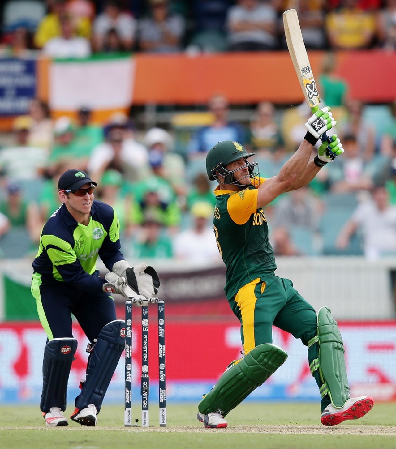 Faf du Plessis deposits the ball over the leg side, Ireland v South Africa, World Cup 2015, Group B, Canberra, March 3, 2015