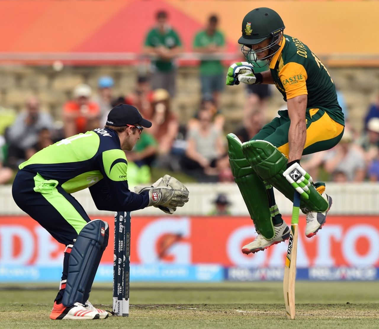 On his toes: Faf du Plessis jumps up to avoid a throw,  Ireland v South Africa, World Cup 2015, Group B, Canberra, March 3, 2015