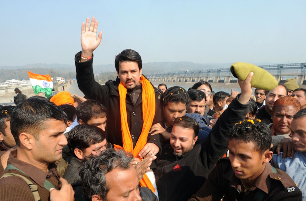 BJP leader Anurag Thakur is carried through the crowd, Pathankot, January 26, 2011