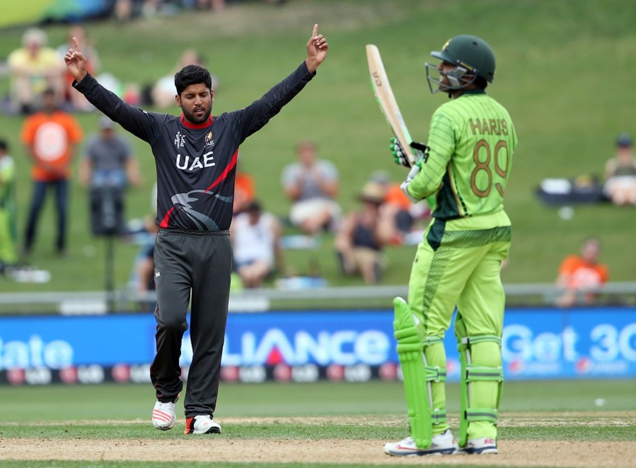 Mohammad Naveed celebrates the wicket of Haris Sohail, Pakistan v UAE, World Cup 2015, Group B, Napier, March 4, 2015