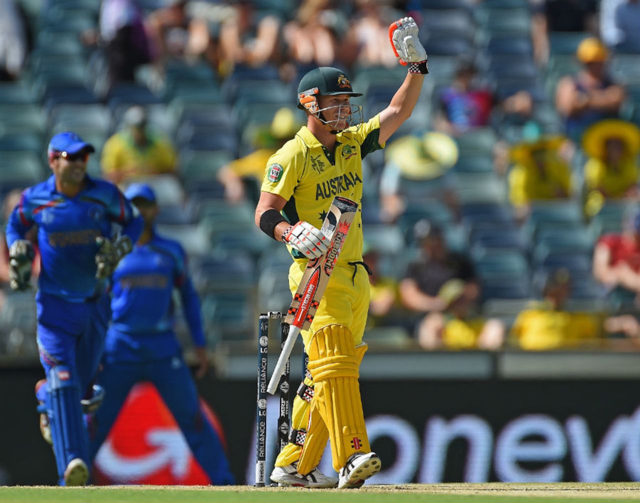 David Warner signals to the dressing room after completing his fifty, Australia v Afghanistan, World Cup 2015, Group A, Perth, March 4, 2015