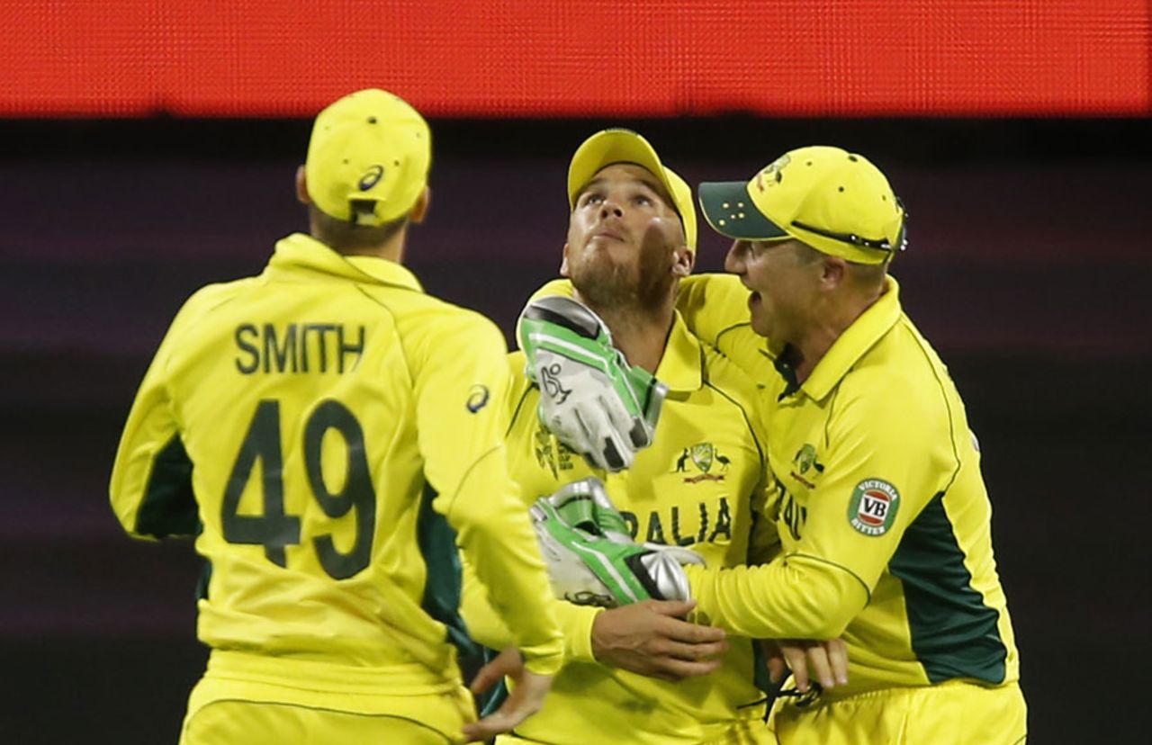 Aaron Finch is congratulated after taking a blinder, Australia v Afghanistan, World Cup 2015, Group A, Perth, March 4, 2015