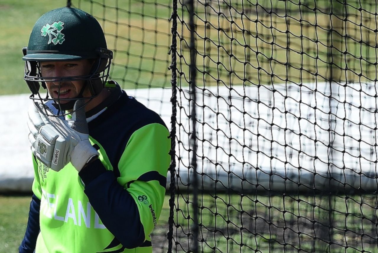 Alex Cusack adjusts his gear in the nets, World Cup 2015, Hobart, March 5, 2015