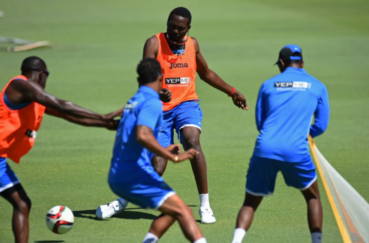 West Indies players enjoy a game of football during the training session, India v West Indies,  World Cup 2015, Group B, Perth, March 5 