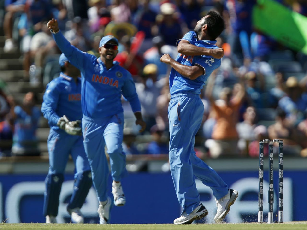 Mohammed Shami celebrates the wicket of Dwayne Smith, India v West Indies, World Cup 2015, Group B, Perth, March 6