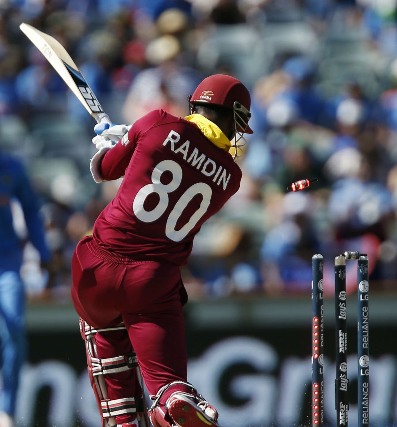 Denesh Ramdin plays onto his stumps, India v West Indies, World Cup 2015, Group B, Perth, March 6