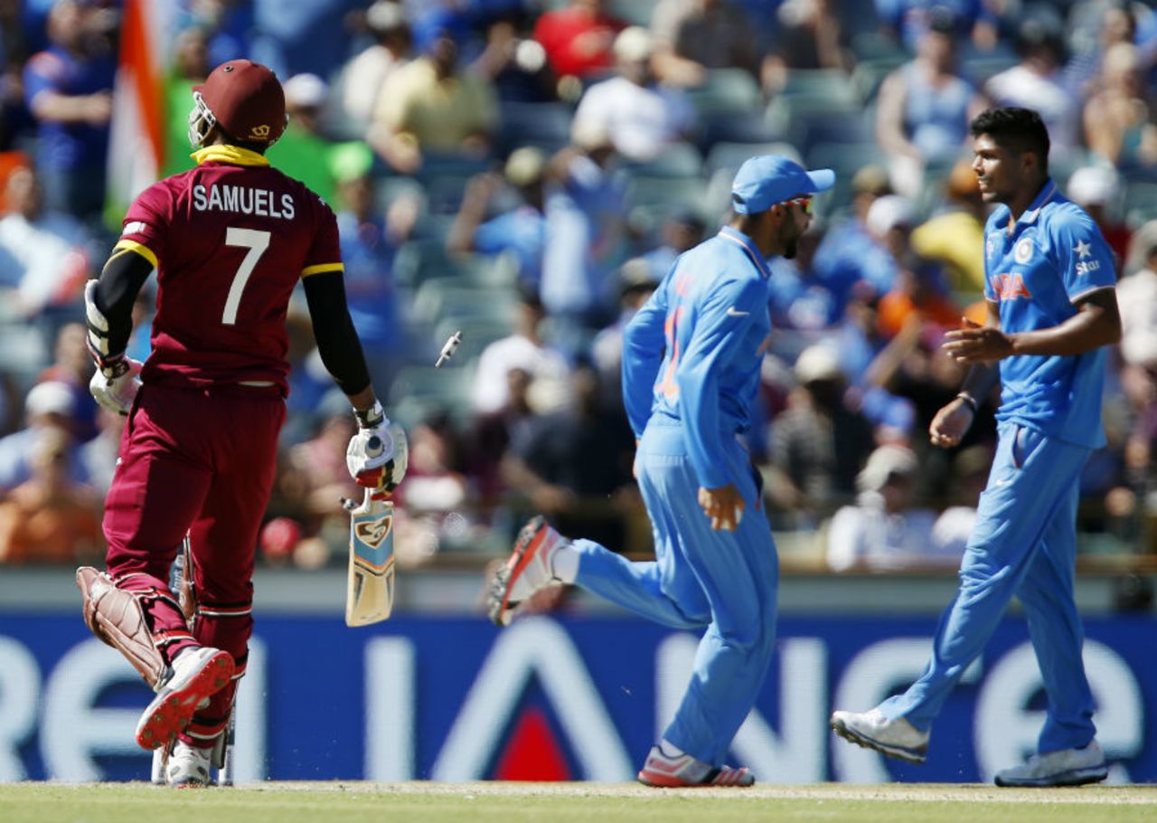 Marlon Samuels was run-out after a mix-up with Chris Gayle, India v West Indies, World Cup 2015, Group B, Perth, March 6
