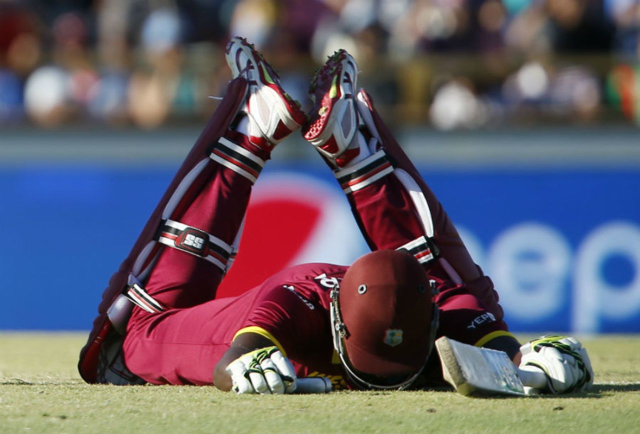 Jason Holder dives to make his ground, India v West Indies, World Cup 2015, Group B, Perth, March 6