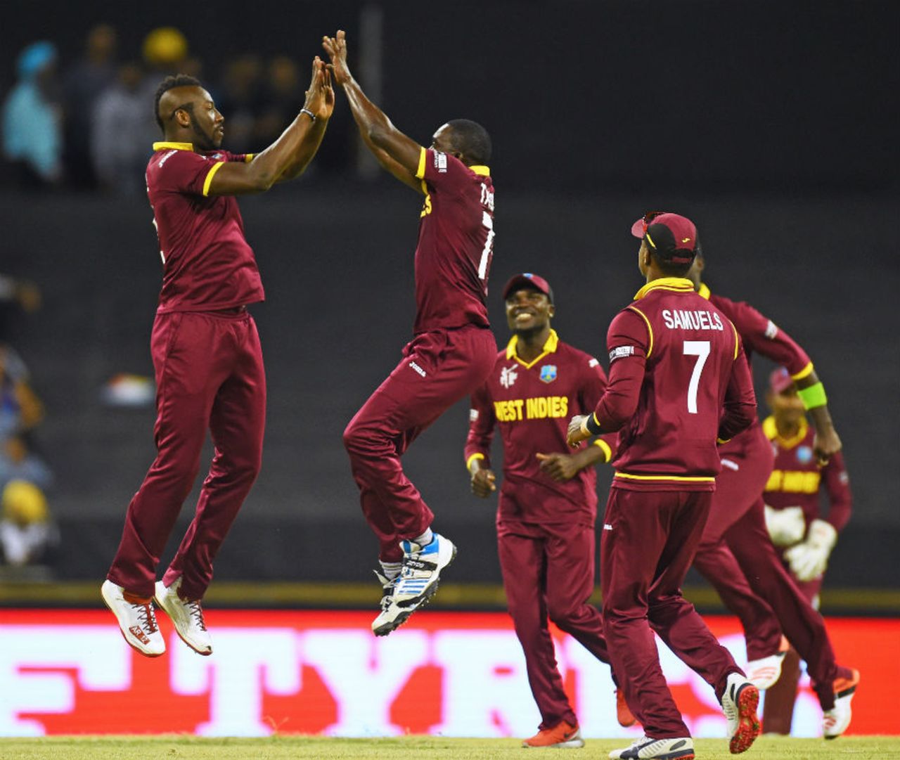 West Indies players celebrate the wicket of Rohit Sharma, India v West Indies, World Cup 2015, Group B, Perth, March 6