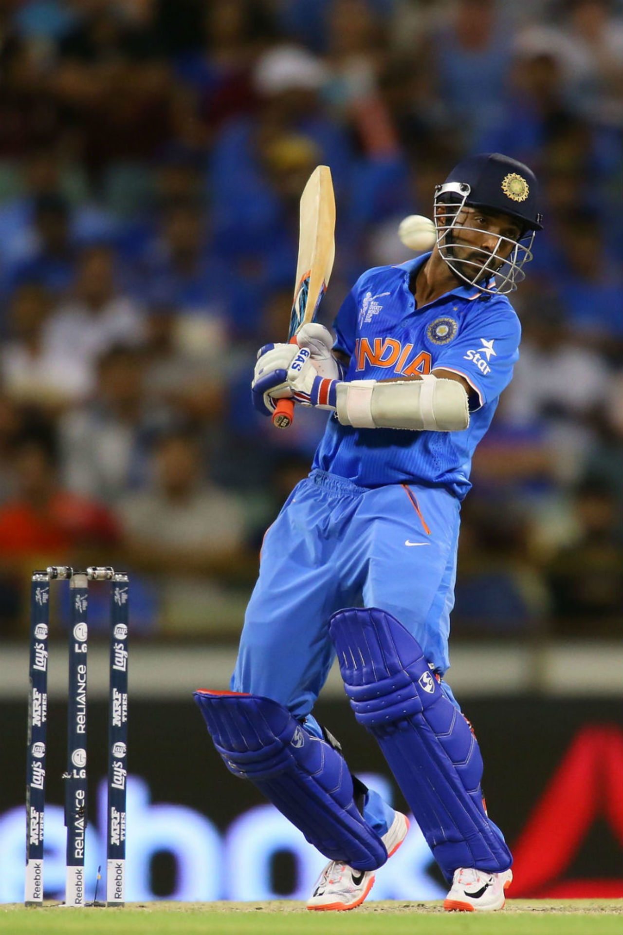 Ajinkya Rahane evades the ball, India v West Indies, World Cup 2015, Group B, Perth, March 6
