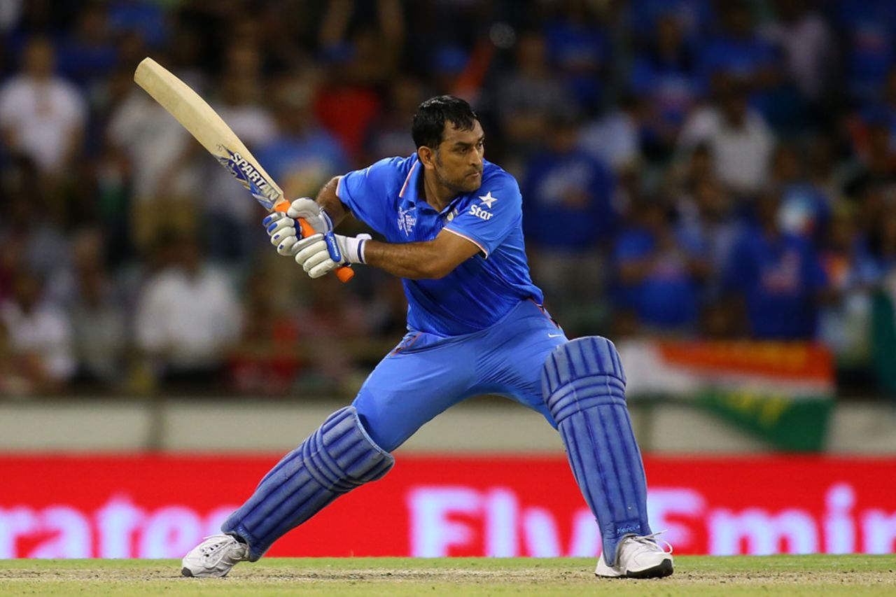 MS Dhoni winds up for a big hit, India v West Indies, World Cup 2015, Group B, Perth, March 6