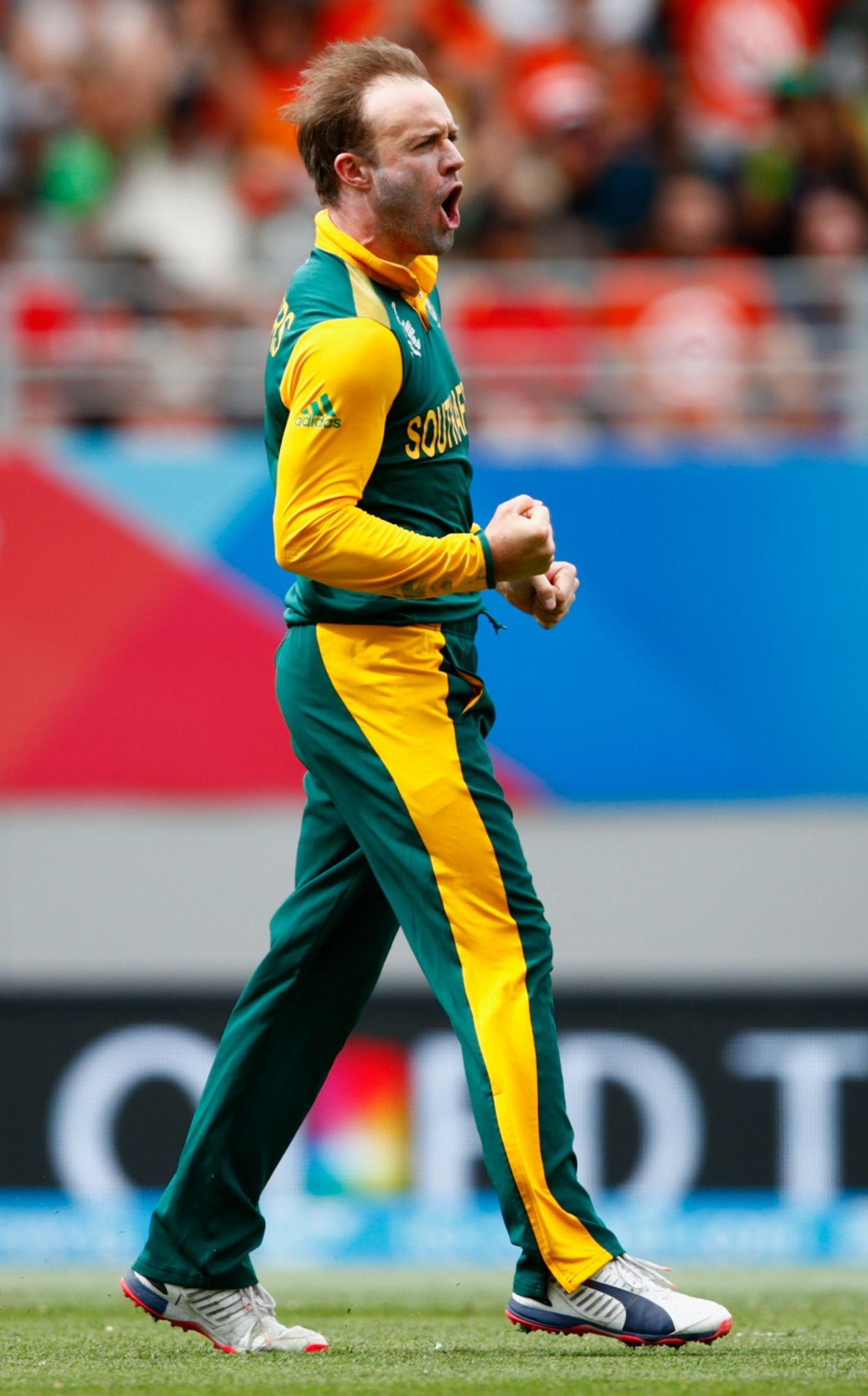 AB de Villiers roars after getting rid of Younis Khan, Pakistan v South Africa, World Cup 2015, Group B, Auckland, March 7, 2015