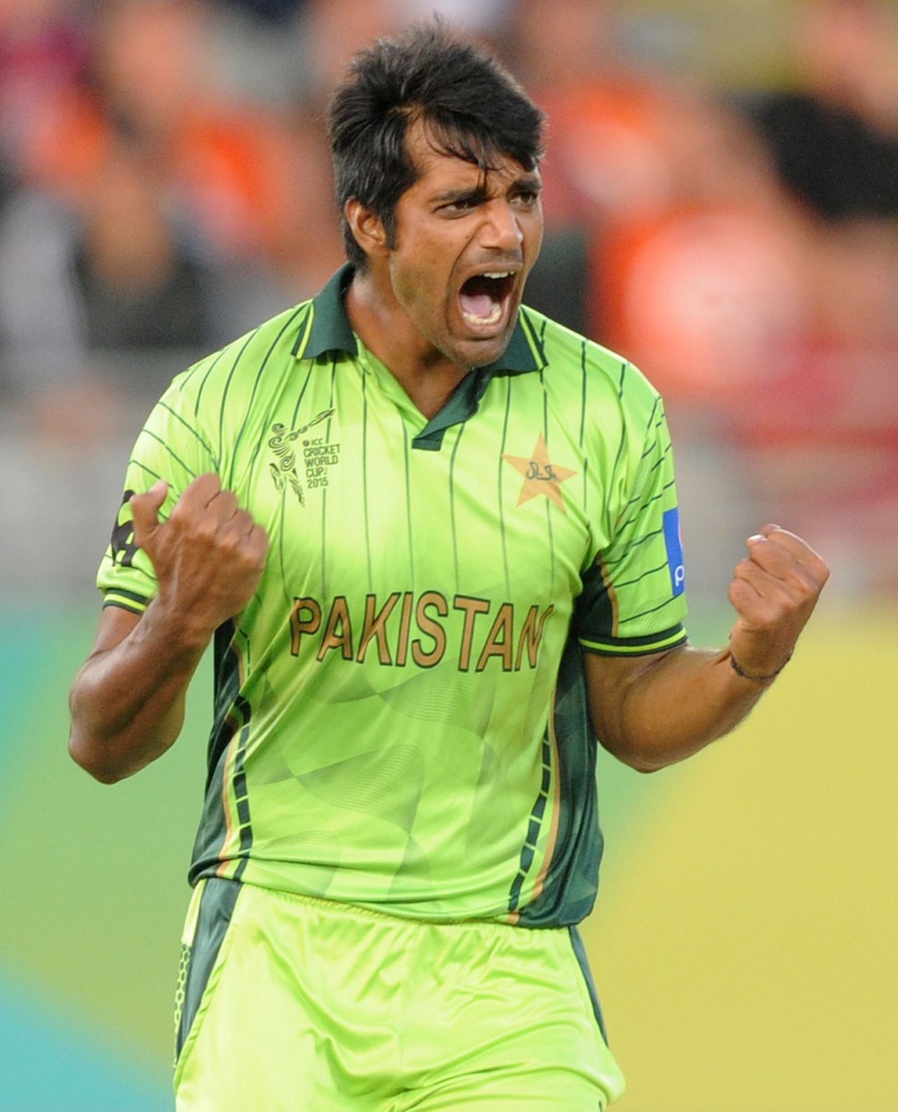 Rahat Ali is exults after having Faf du Plessis caught behind, Pakistan v South Africa, World Cup 2015, Group B, Auckland, March 7, 2015