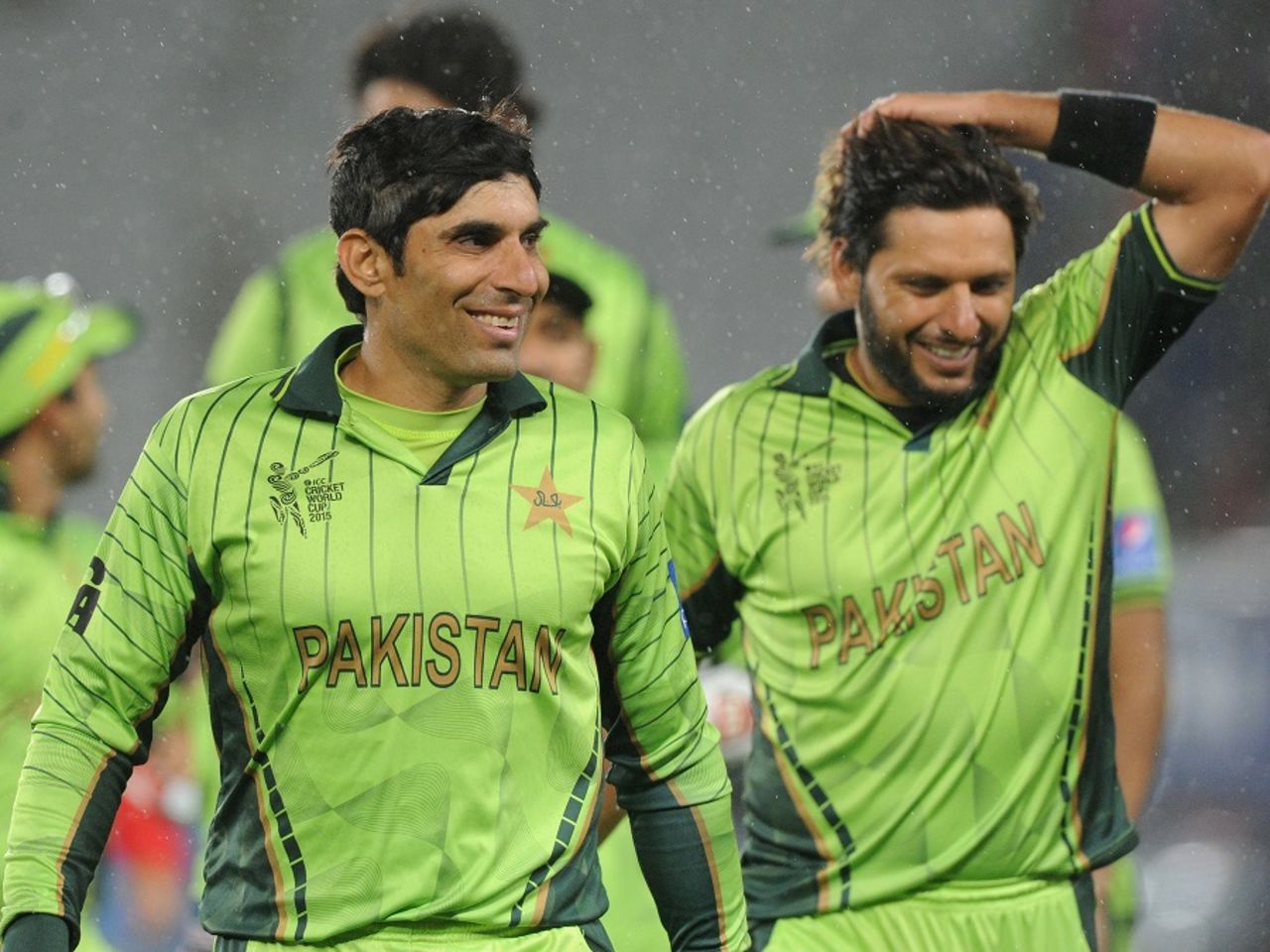 Misbah-ul-Haq and Shahid Afridi are all smiles after the 29-run win, Pakistan v South Africa, World Cup 2015, Group B, Auckland, March 7, 2015