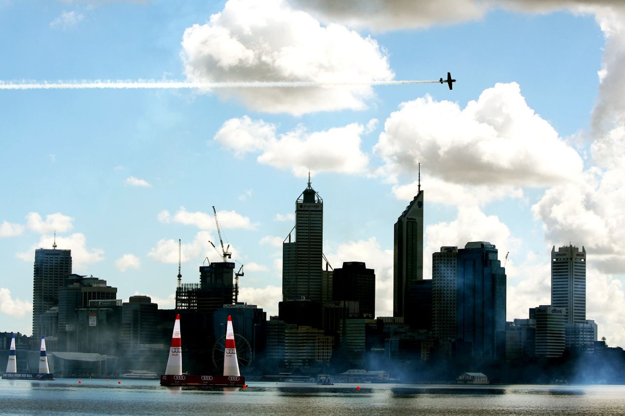 Sergey Rakhmanin of Russia in action over the Swan River during the Red Bull Air Race Training, Perth, April 16, 2010