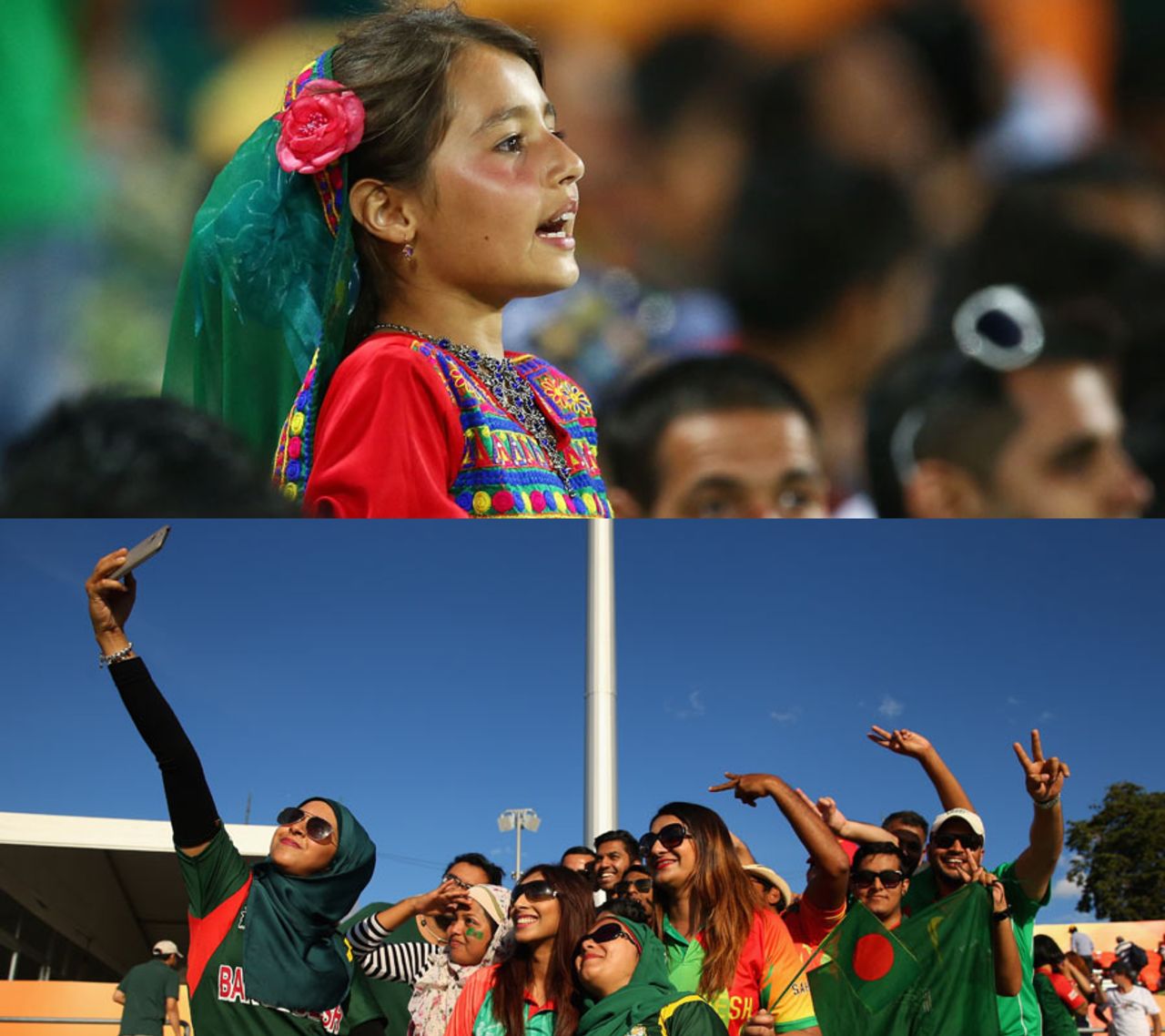 Composite: An Afghanistan fan and Bangladesh fans, Afghanistan v Bangladesh, World Cup 2015, Group A, Canberra, February 18, 2015