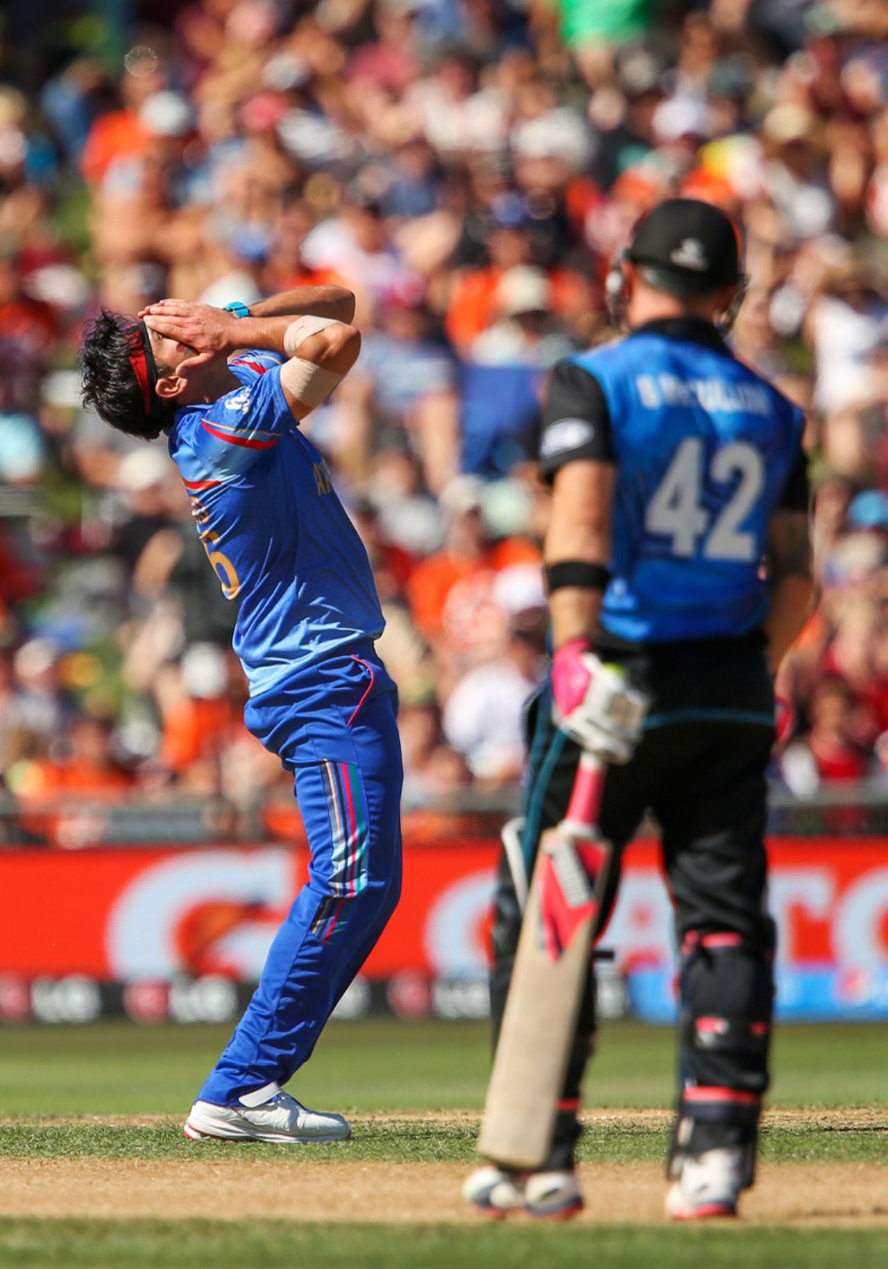 Hamid Hassan reacts to a close call against Brendon McCullum, New Zealand v Afghanistan, World Cup 2015, Group A, Napier, March 8, 2015