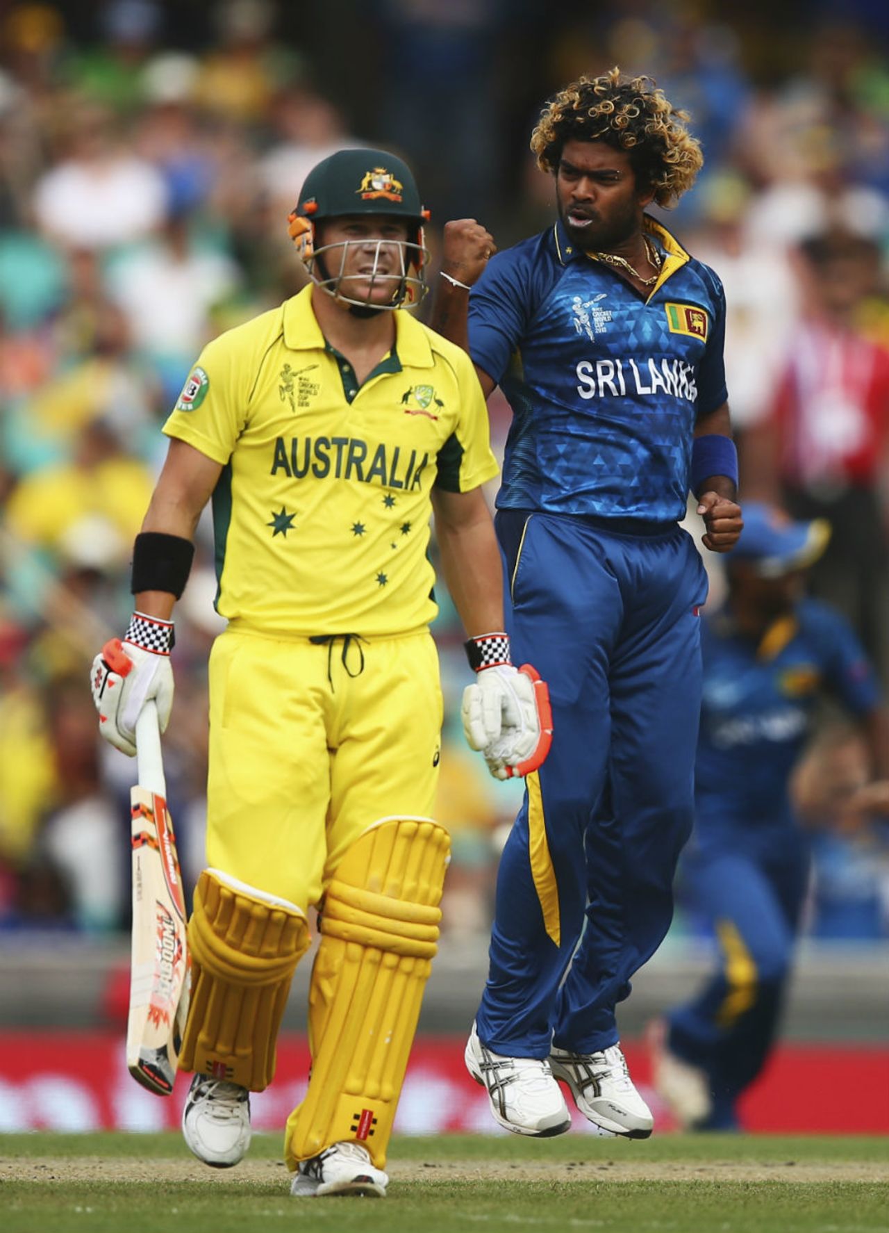 Lasith Malinga gives David Warner a send off, Australia v Sri Lanka, World Cup 2015, Group A, Sydney, March 8, 2015