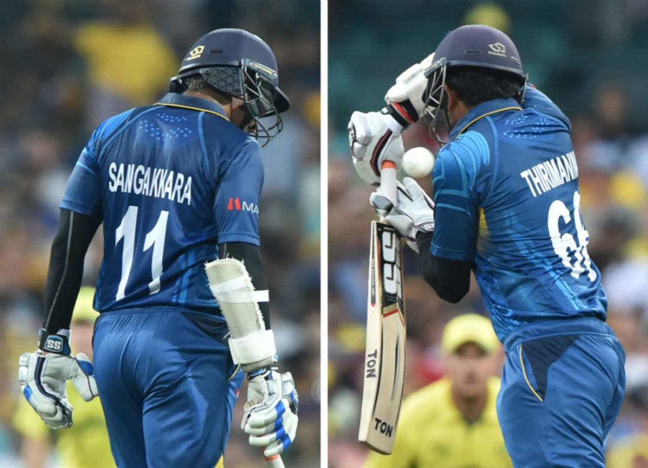 Kumar Sangakkara wears the new style helmet as compared to Lahiru Thirimanne, Australia v Sri Lanka, World Cup 2015, Group A, Sydney, March 8, 2015