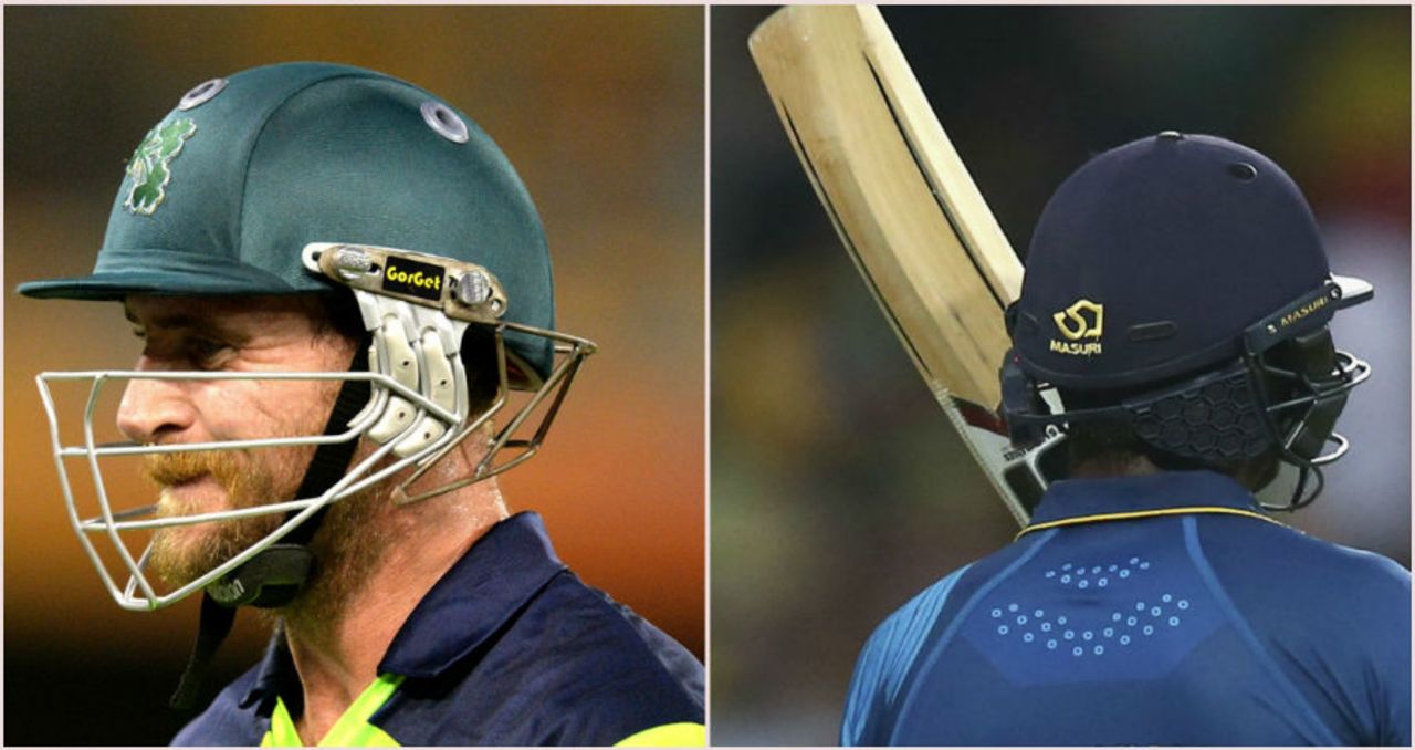John Mooney and Kumar Sangakkara with different helmets designed to protect the back of the neck