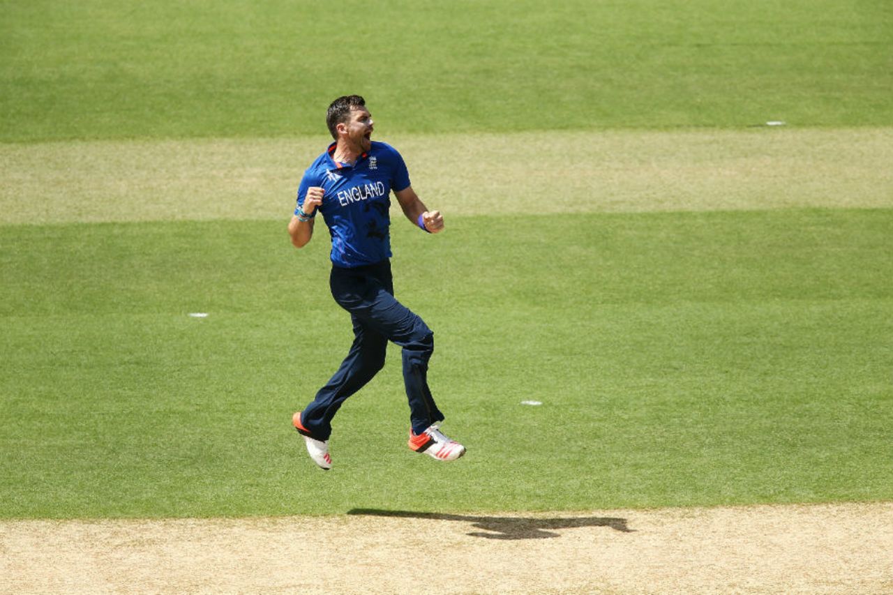 James Anderson exults after taking the wicket of Imrul Kayes, England v Bangladesh, World Cup 2015, Group A, Adelaide, March 9, 2015