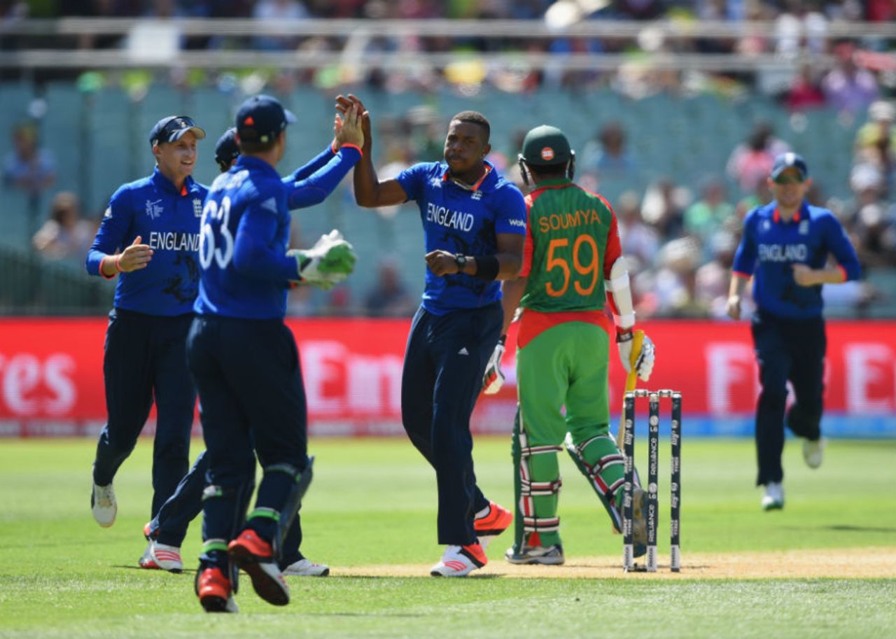 Chris Jordan celebrates taking the wicket of Soumya Sarkar, England v Bangladesh, World Cup 2015, Group A, Adelaide, March 9, 2015