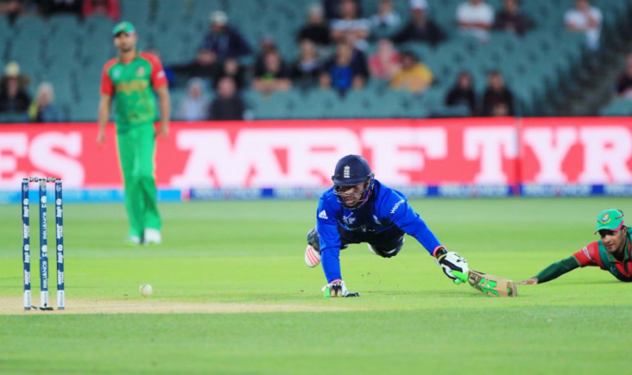 In or out? Chris Jordan was judged run-out by the TV umpire, England v Bangladesh, World Cup 2015, Group A, Adelaide, March 9, 2015