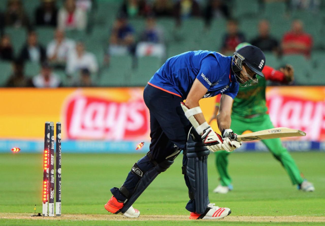 Down and out: James Anderson misses a yorker from Rubel Hossain, England v Bangladesh, World Cup 2015, Group A, Adelaide, March 9, 2015