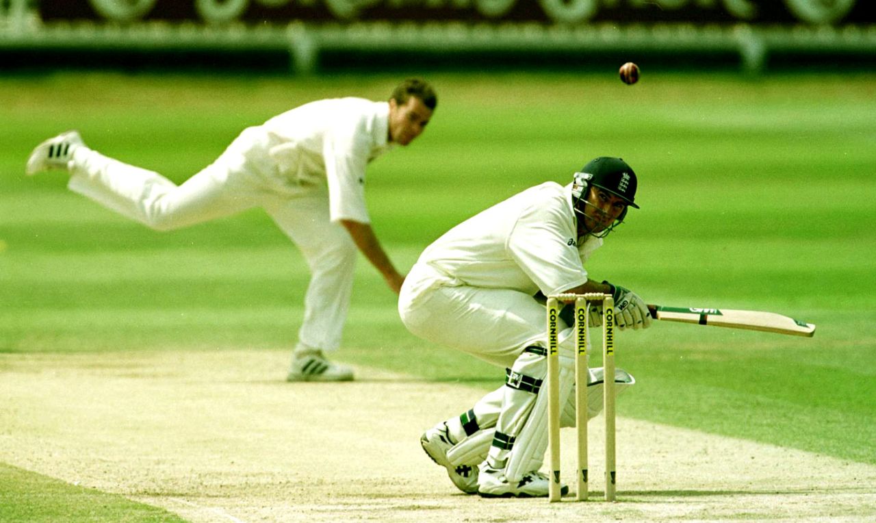 Andy Caddick ducks a bouncer from Dion Nash, England v New Zealand, 2nd Test, Lord's, 1st day, July 22, 1999