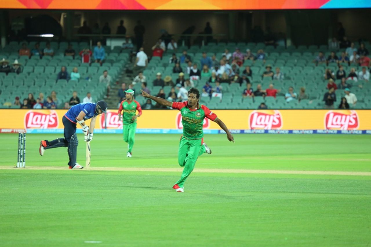 Rubel Hossain signals Bangladesh's progress into the quarter-finals, England v Bangladesh, World Cup 2015, Group A, Adelaide, March 9, 2015