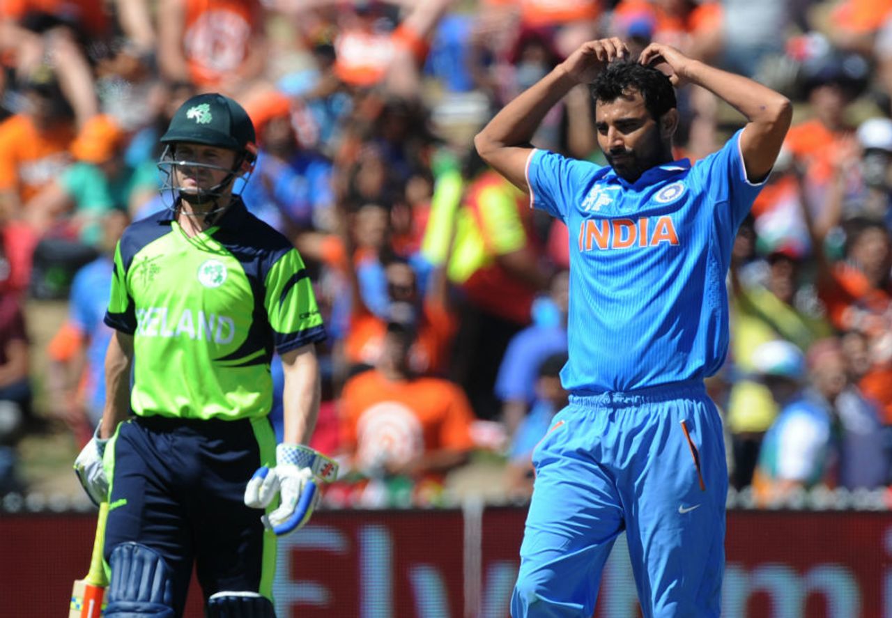 Mohhamed Shami reacts after conceding a four, India v Ireland, World Cup 2015, Group B, Hamilton, March 10, 2015