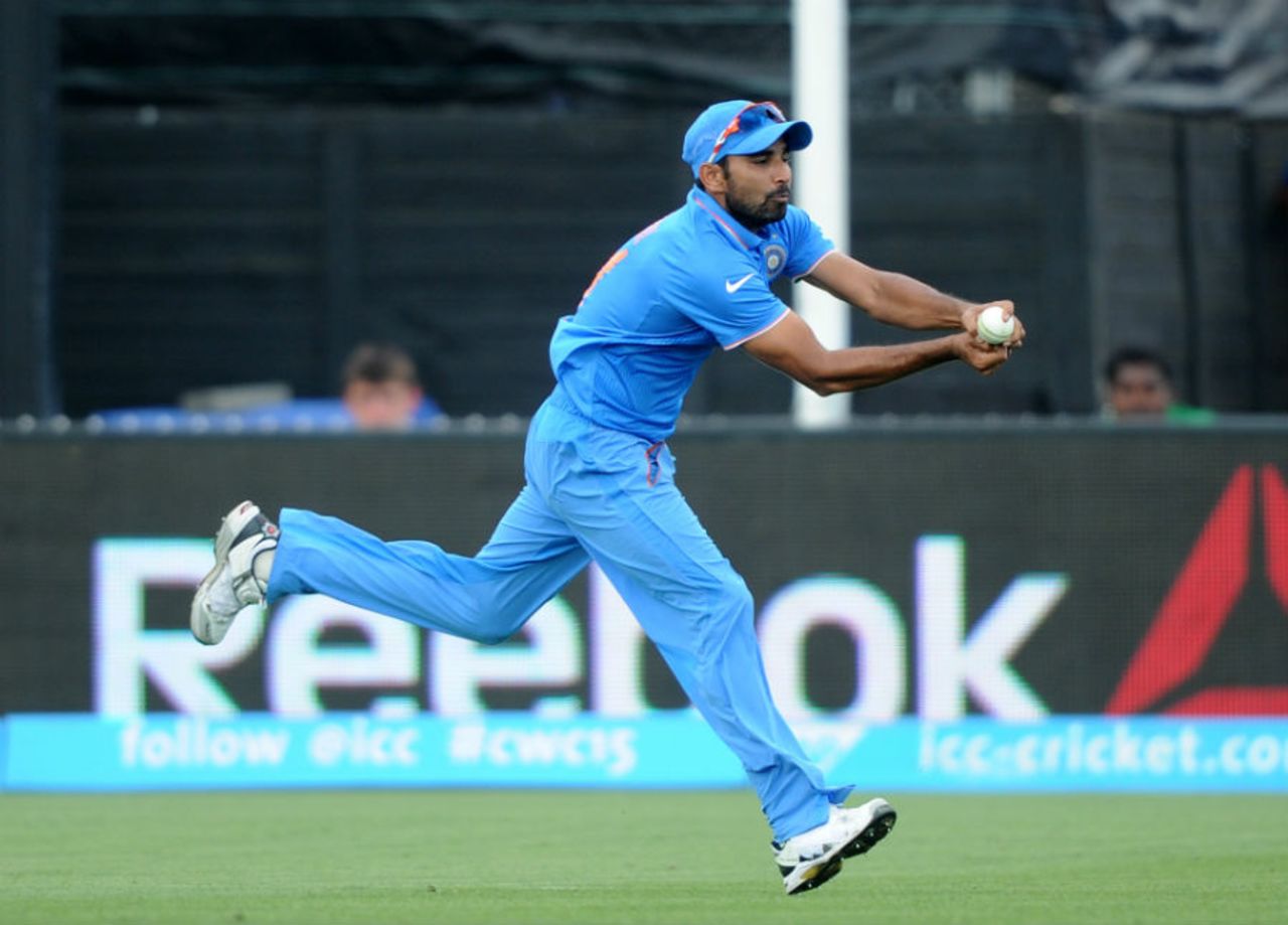 Mohammed Shami holds on to a catch to dismiss Andy Balbirnie, India v Ireland, World Cup 2015, Group B, Hamilton, March 10, 2015