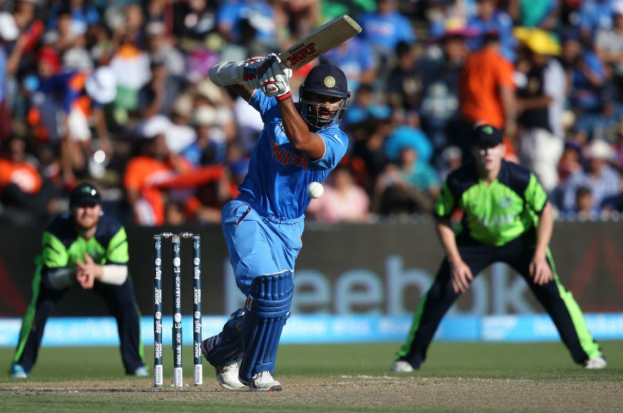 Shikhar drives down the ground, India v Ireland, World Cup 2015, Group B, Hamilton, March 10, 2015