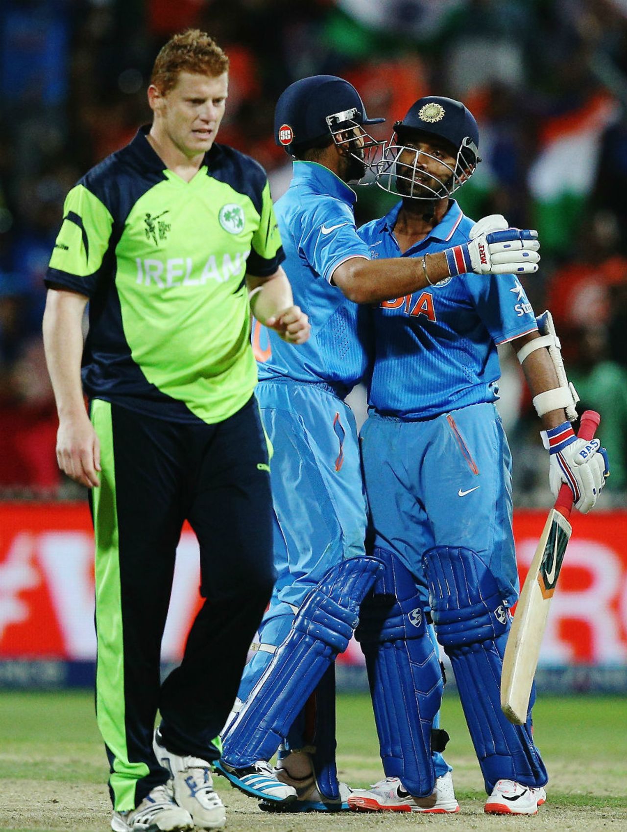 Virat Kohli and Ajinkya Rahane celebrate after hitting the winnings runs, India v Ireland, World Cup 2015, Group B, Hamilton, March 10, 2015