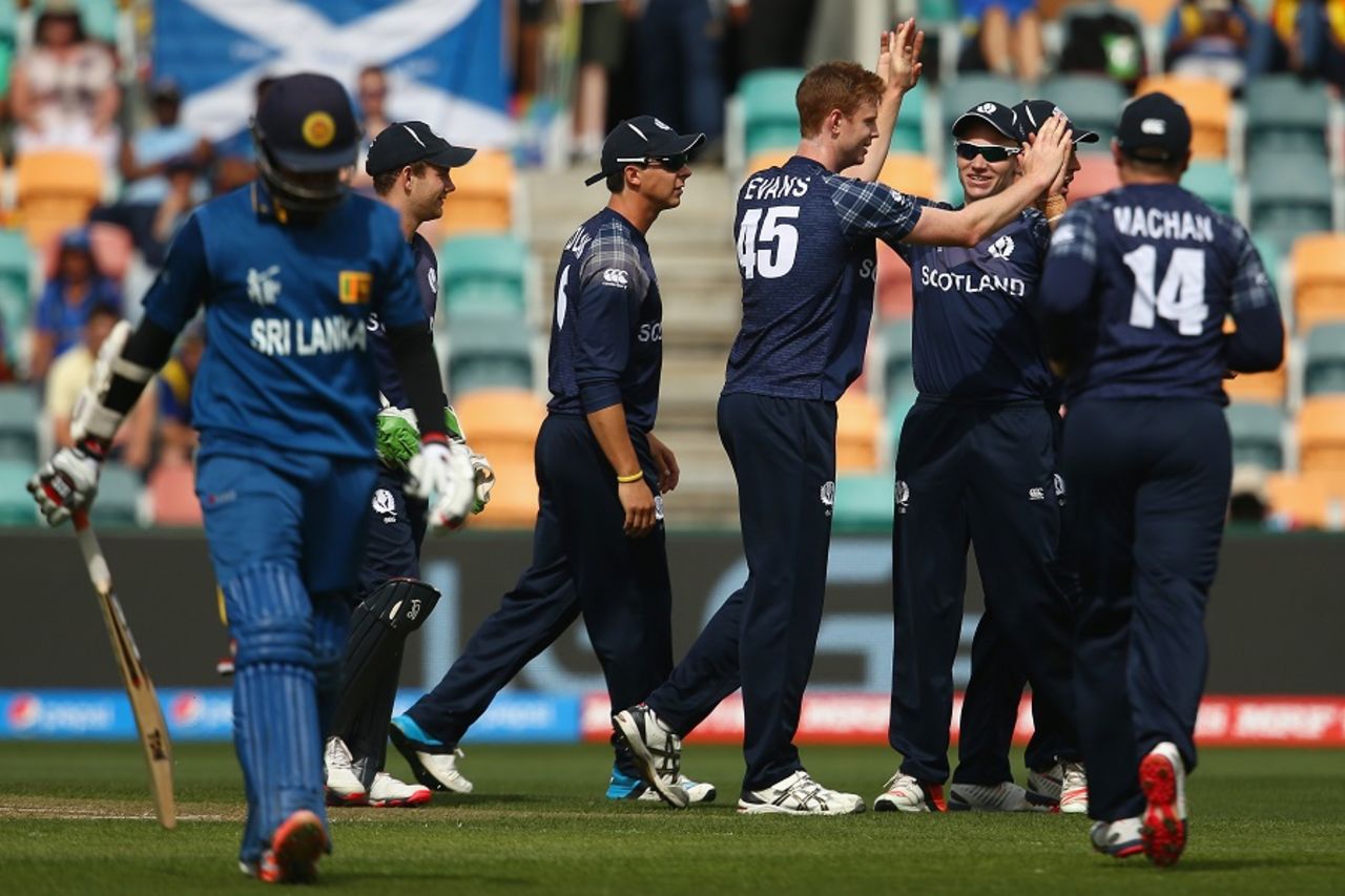 Scotland players celebrate after dismissing Lahiru Thirimanne, Scotland v Sri Lanka, World Cup 2015, Group A, Hobart, March 11, 2015