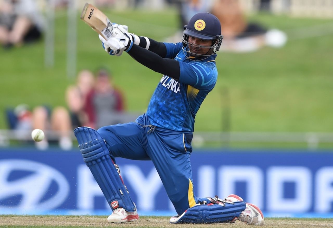 Kumar Sangakkara gets down for a drive, Scotland v Sri Lanka, World Cup 2015, Group A, Hobart, March 11, 2015