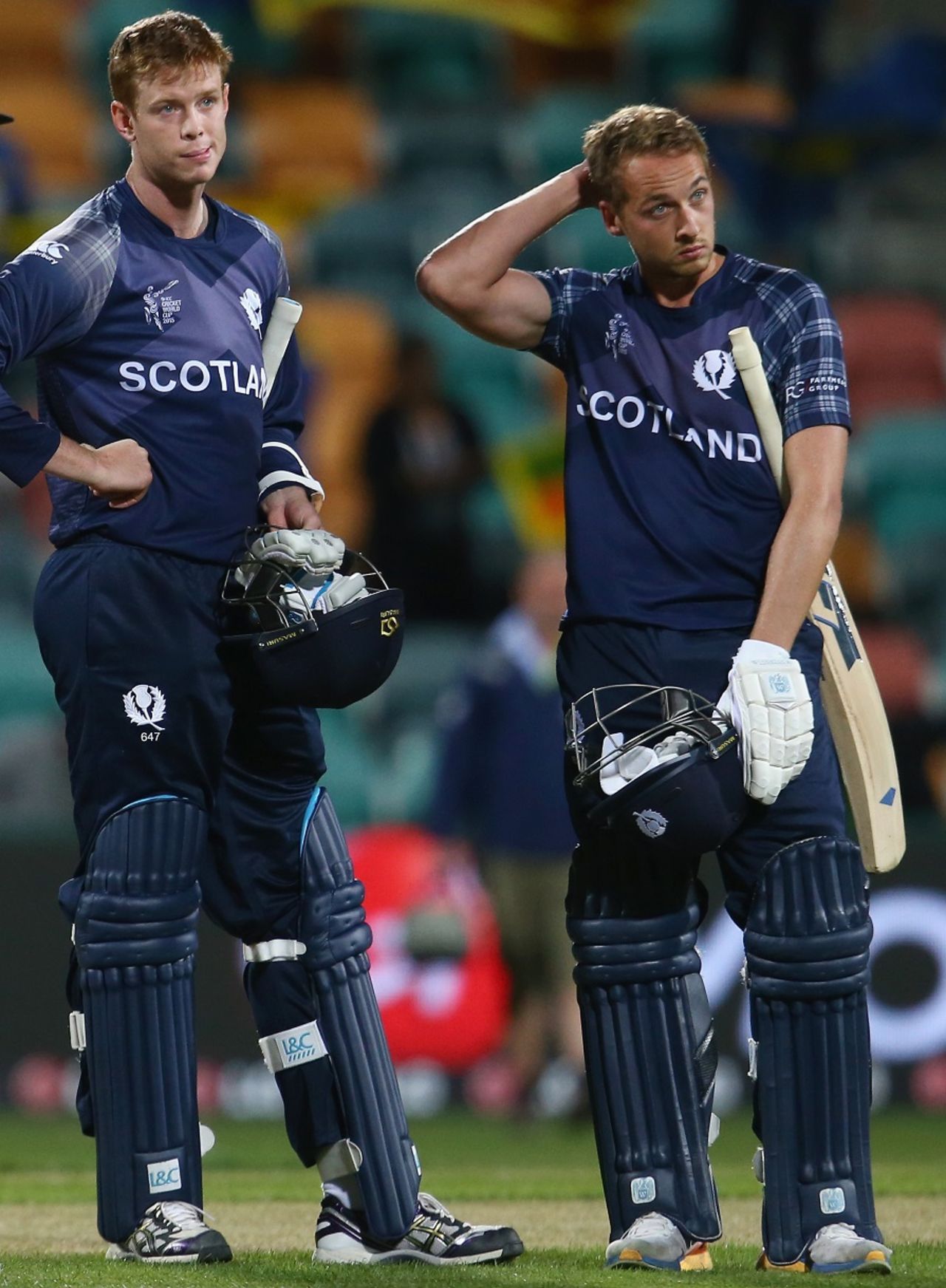 Alasdair Evans and Josh Davey are dejected after Scotland's 148-run defeat, Scotland v Sri Lanka, World Cup 2015, Group A, Hobart, March 11, 2015 