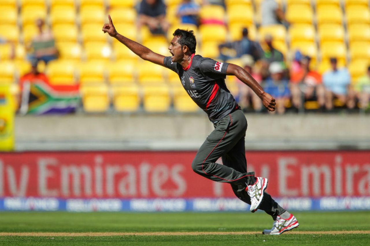 Amjad Javed celebrates the wicket of Quinton de Kock, South Africa v United Arab Emirates, World Cup 2015, Group B, Wellington, March 12, 2015