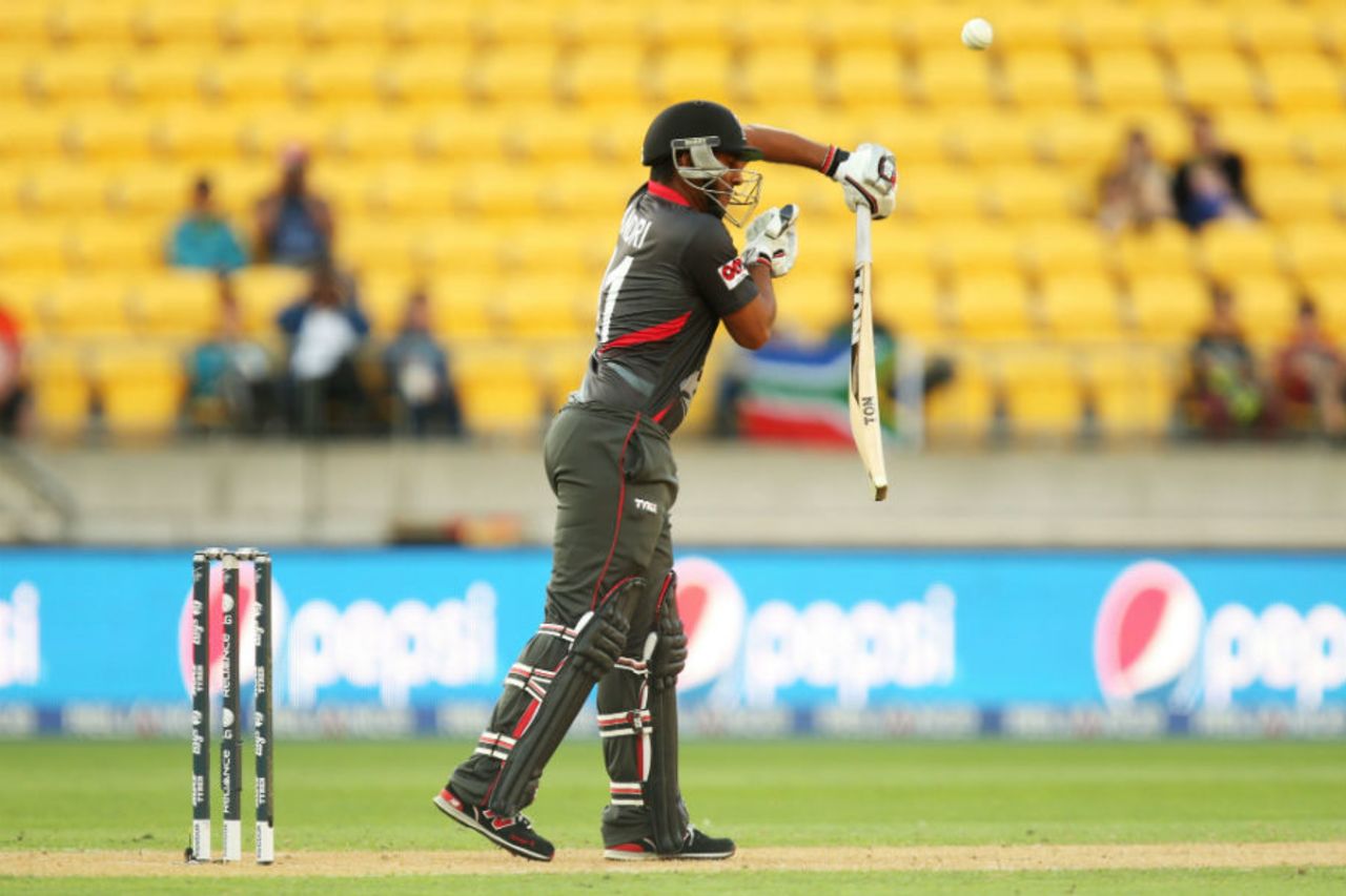 Andri Beringer fends off a short delivery from Morne Morkel, South Africa v United Arab Emirates, World Cup 2015, Group B, Wellington, March 12, 2015