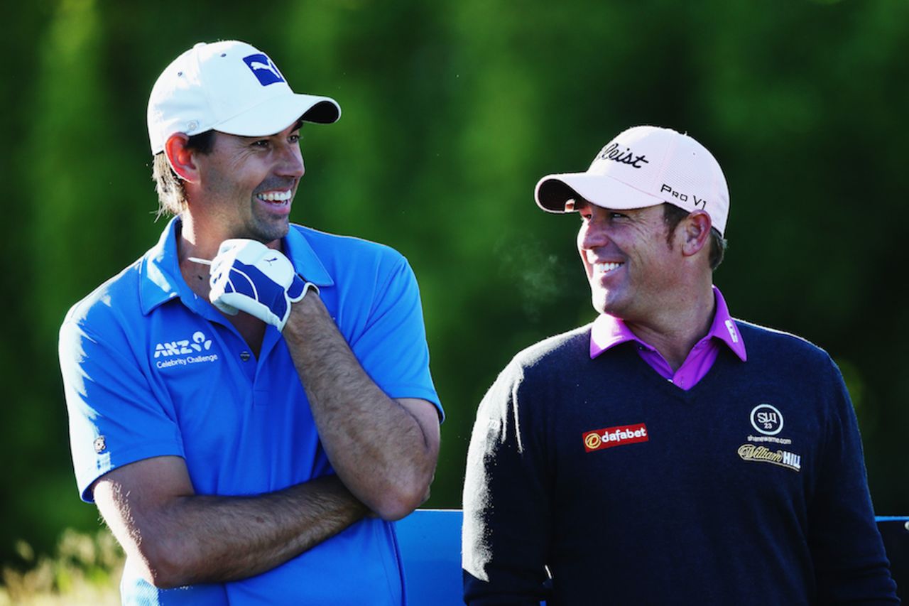 Stephen Fleming and Shane Warne share a light moment, Queenstown, March 12, 2015