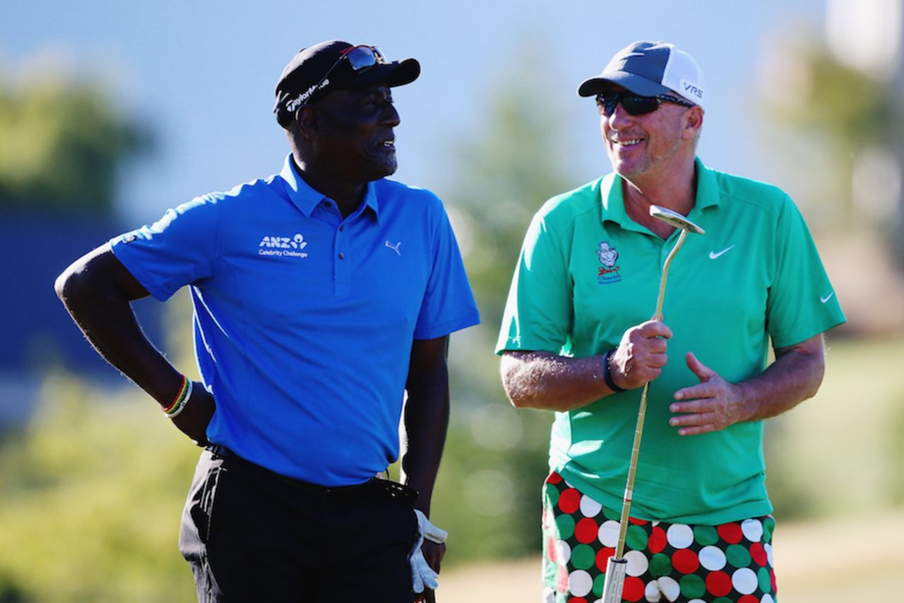 Viv Richards and Ian Botham enjoy golf together, Queenstown, March 12, 2015