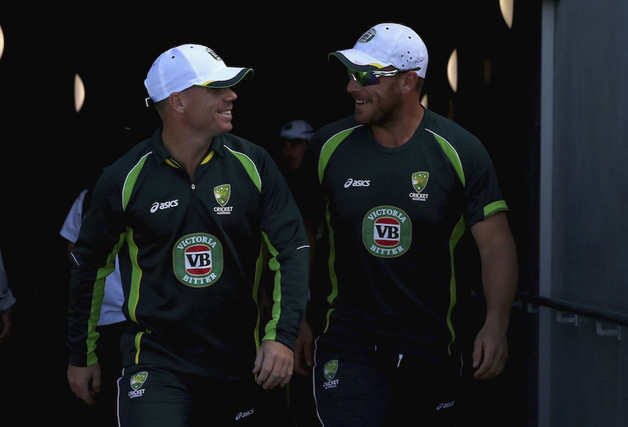 David Warner and Aaron Finch walk out for training, World Cup 2015, Hobart, March 12, 2015