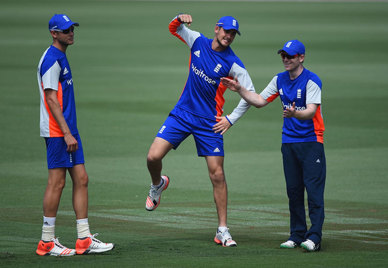 Alex Hales lets his blissfully unaware captain Eoin Morgan know what will happen if England don't beat Afghanistan, Sydney, March 12, 2015