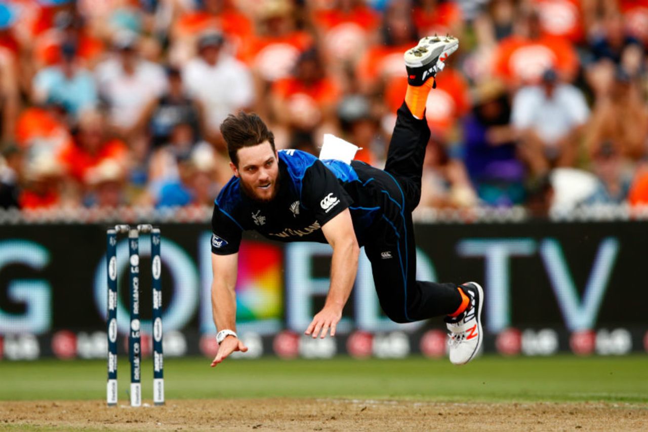 Mitchell McClenaghan in his follow through, New Zealand v Bangladesh, World Cup 2015, Group A, Hamilton, March 13, 2015