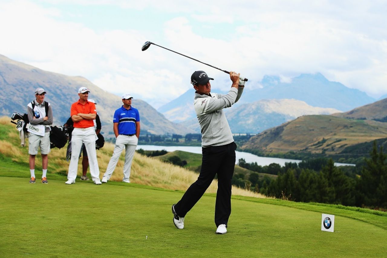 In the slot: Ricky Ponting tees off in the New Zealand Open, Queenstown, March 13, 2015