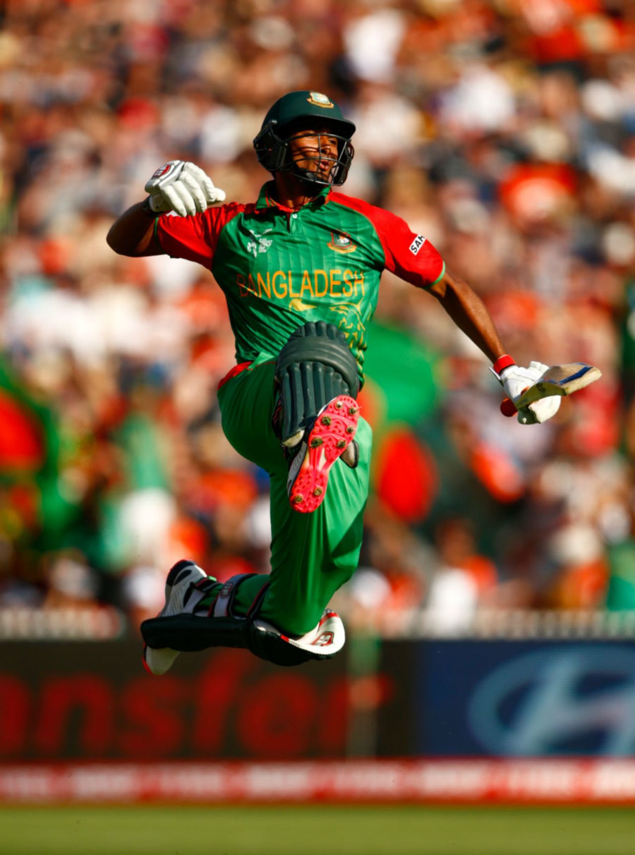Mahmudullah leaps in the air to celebrate his century, New Zealand v Bangladesh, World Cup 2015, Group A, Hamilton, March 13, 2015