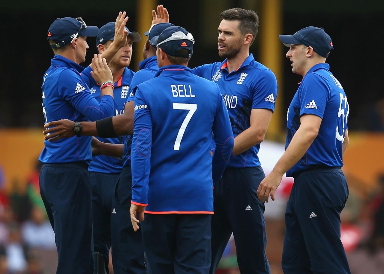 The England players get together after the wicket of Nawroz Mangal, Afghanistan v England, World Cup 2015, Group A, Sydney, March 13, 2015