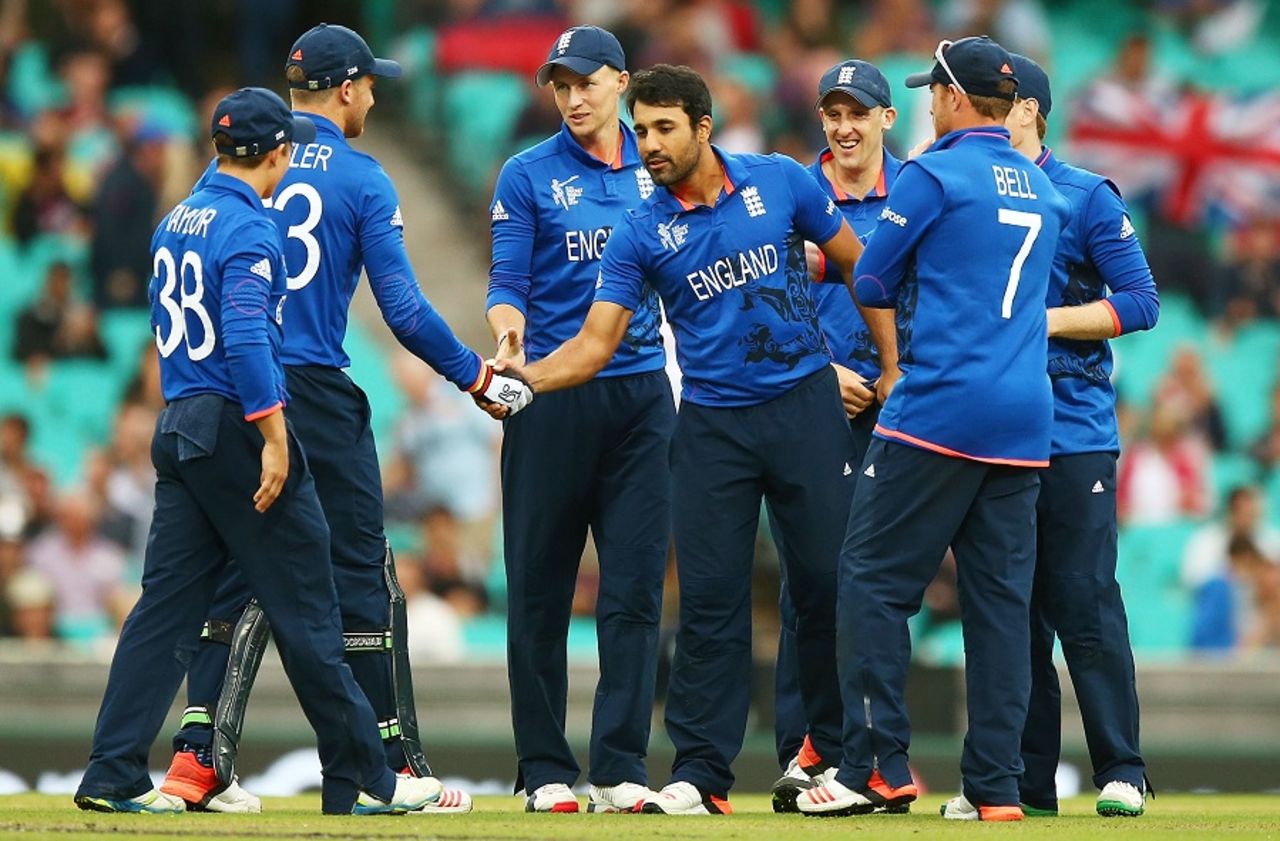 Ravi Bopara is congratulated on striking after the rain break, Afghanistan v England, World Cup 2015, Group A, Sydney, March 13, 2015