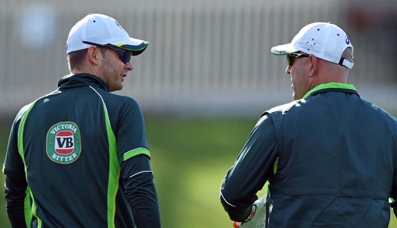 Michael Clarke and Darren Lehmann have a chat during Australia's training session, World Cup 2015, Hobart, March 13, 2015