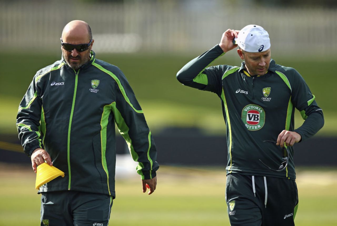 Michael Clarke and Alex Kountouris during Australia's training session, World Cup 2015, Hobart, March 13, 2015